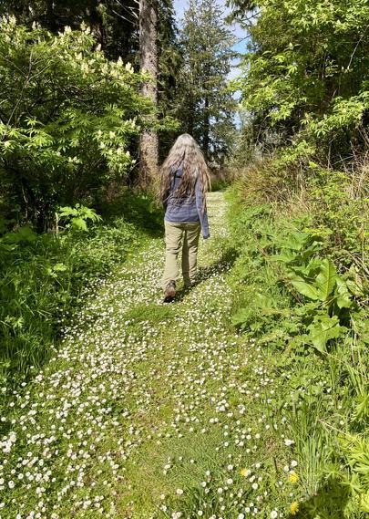 Woman with long brown hair walking away from the camera down a path in tge forest covered by grass and small white and pink flowers.