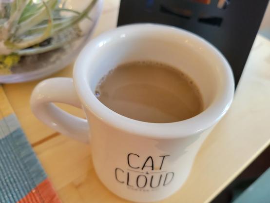 Off-white 11-ounce diner mug with Cat & Cloud black stylized text (kind of thin and tall, like a fine-line tattoo), mostly-full with a Maxim Kanu Triple Shot Latte coffee stick powder mixed with boiling water. It rests on a pine surface, in front of a glass bowl with an air plant and a decorative black-metal lantern with an orange candle inside. Just visible is a cotton table runner in stripes of orange, blue, light-blue, and yellow. 
