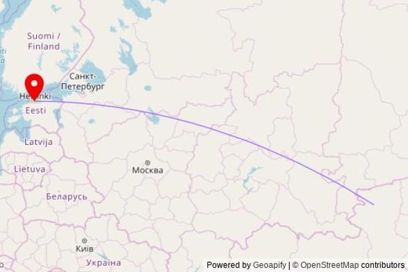 A map showing the great circle route from Rudny in Kazakhstan to a map pin at Church of the Icon of the Mother of God "Quick to Hearken" in Tallinn, Narva mnt 8, 13915 Tallinn, Estonia