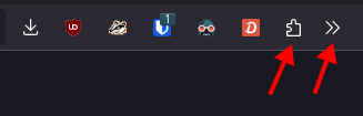 The right side of the Firefox toolbar, annotated with two arrows showing the Extensions menu and Overflow menu, which realistically should be a single button.