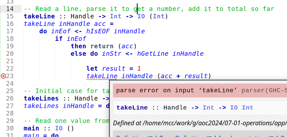 -- Read a line, parse it to get a number, add it to total so far
takeLine :: Handle -> Int -> IO (Int)
takeLine inHandle acc =
do inEof <- hIsEOF inHandle
if inEof
then return (acc)
else do inStr <- hGetLine inHandle
let result = 1
takeLine inHandle (acc + result) -- Read a line, parse it to get a number, add it to total so far
takeLine :: Handle -> Int -> IO (Int)
takeLine inHandle acc =
do inEof <- hIsEOF inHandle
if inEof
then return (acc)
else do inStr <- hGetLine inHandle
let result = 1
takeLine inHandle (acc + result)