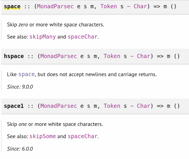 The documentation says space matches a space and space1 matches zero or more spaces. The documentation says space matches a space and space1 matches zero or more spaces.
