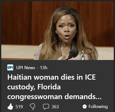 Article screenshot: UPI News

Haitian woman dies in ICE custody, Florida congresswoman demands answers

Story by Darryl Coote