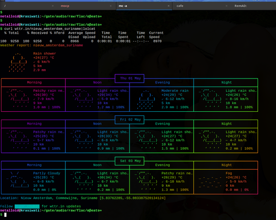 The screencap displays a weather forecast for Nieuw Amsterdam, Suriname, presented in a bash terminal window. The forecast is color-coded by day, with Thursday, Friday, and Saturday highlighted in different colors. Each day is divided into four time slots: Morning, Noon, Evening, and Night. The forecast includes weather conditions, temperature, wind speed, and precipitation amounts. For example, on Thursday, the morning shows "Patchy rain NE." with a temperature of "+26(28) °C" and wind speed of "5-7 km/h." The wind direction is not specified. The precipitation is "1.0 mm | 100%." The terminal also shows the current weather conditions, including a rain shower with a temperature of "+24(27) °C" and wind speed of "6 km/h," with a precipitation of "2.9 mm." The terminal's background is dark, and the text is in white, with some elements highlighted in color. The terminal's title bar shows the user's name, the current directory, and the command being executed. The bottom of the terminal displays the location coordinates and a prompt for updates.

Ovis2-8B

🌱 Energy used: 0.258 Wh