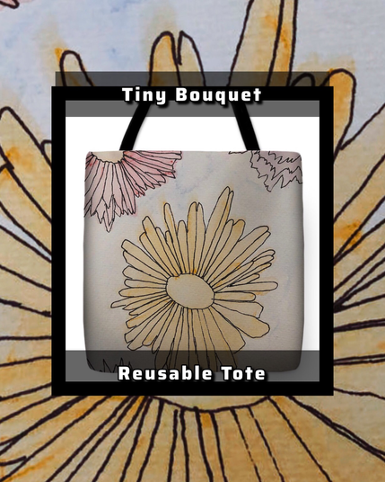 A stunning work of watercolor and ink flowers of various colors surrounded by white.  On a reusable tote. 