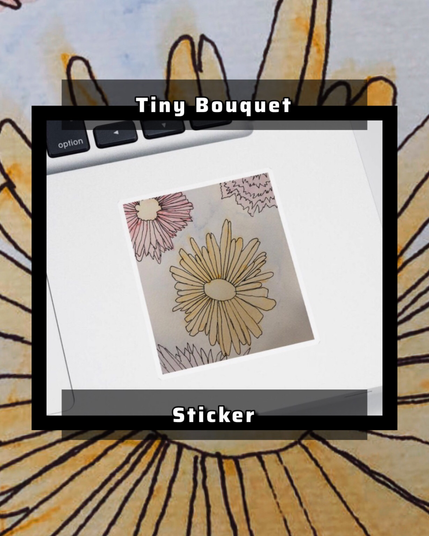 A stunning work of watercolor and ink flowers of various colors surrounded by white.  On a sticker. 
