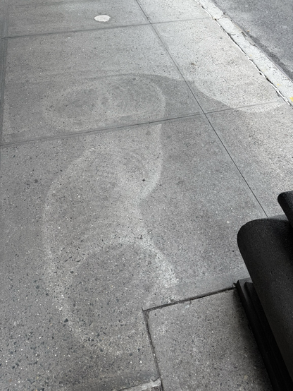 Circular marks on a sidewalk from where blood has been scrubbed off