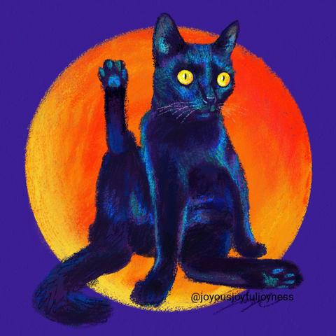 Painting of a black cat with vacant yellow eyes sticking his right hind leg straight up in the air. There is an orange and yellow circle behind the cat and the background is purple. The artist's signature and @joyousjoyfuljoyness watermark is on the bottom right.