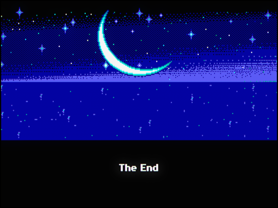 End screen of the game Loom. A crescent moon in the night sky, with the words "The End", all in a 16 bit art style 