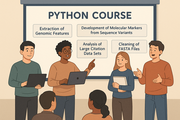 Illustration of four diverse students presenting their final Python course projects in a classroom. A projector screen behind them displays the course title 'PYTHON COURSE' with four project topics: 'Extraction of Genomic Features', 'Development of Molecular Markers from Sequence Variants', 'Analysis of Large Citation Data Sets', and 'Cleaning of FASTA Files'. Two audience members are visible from behind, listening attentively. The students are holding laptops or notes and appear confident and engaged.