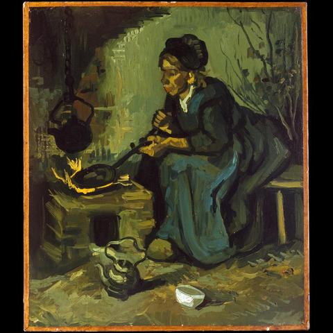 The painting is an impressionist portrait of a woman engaged in cooking. She sits on a wooden bench, surrounded by a brick wall and various kitchen utensils such as a pot, spoon, bowl, and a pestle and mortar. The scene captures the woman’s actions, suggesting she is preparing a meal. The artist uses bold strokes of color to convey the textures and details of the environment. The dominant colors are earth tones, with a notable use of yellow and green hues that evoke a sense of warmth and comfort.