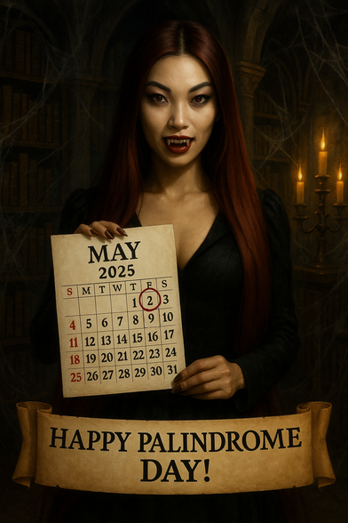 A female vampire holds a May 2025 calendar with May 2 encircled. A banner at the bottom says "Happy Palindrome Day."