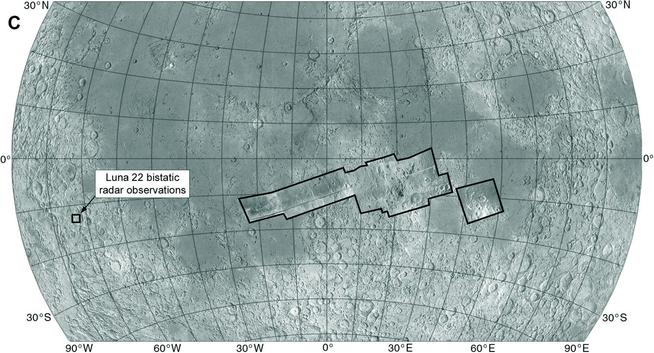 A map of the lunar nearside showing the coverage of all known Luna 22 images. They form a strip just south of the equator. The pattern suggests they were taken over 3 separate orbits. 