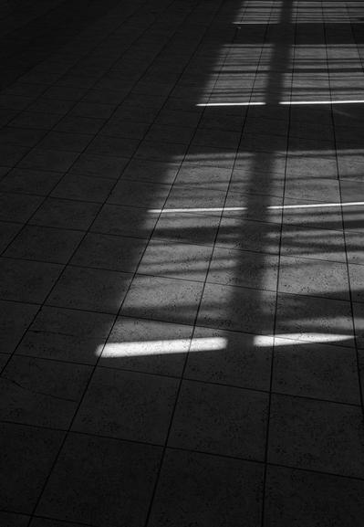 Monochrome photo. Light and shadows from windows and curtains fall on the tiled floor.
