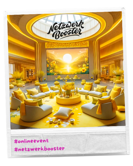 Blogillustration zu Blogartikel über den Event Netzwerkbooster mit Welcome Lounge als Polaroidfoto und dem Text "#onlineevent #netzwerkbooster"