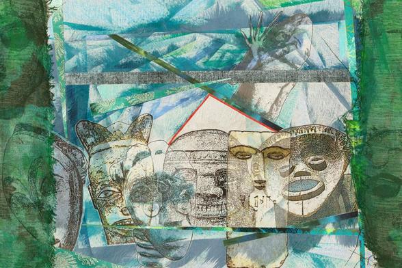 iggende collage in groen, grijs en grijsblauw, met links en rechts een baan groen geverfde stof met rafels, het midden wit papier met kriskrassige blauwige lijnen, over de onderste helft een rij doorzichtige Afrikaanse en Zuid-Amerikaanse maskers