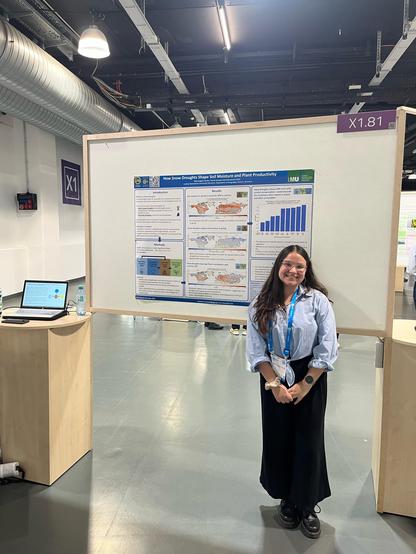 Mariangela Varela, standing in front of her poster on: "Understanding the Snow Drought–Soil Moisture–Vegetation Feedback: The impacts of seasonal Memory Effects on GPP Anomalies"