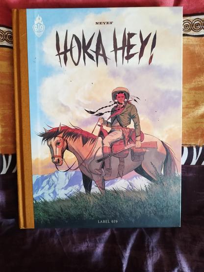 Peinture. Un cavalier indien à cheval, winchester à la main. Derrière au loin des montagnes sous un ciel nuageux.