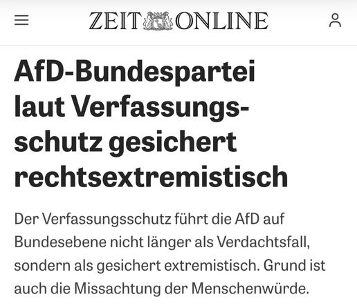 ZEIT Online-Schlagzeile: "AfD-Bundespartei laut Verfassungsschutz gesichert rechtsextremistisch"