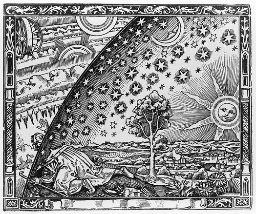 Flammarion engraving, Paris 1888

Anonymous - Camille Flammarion, L'Atmosphère: Météorologie Populaire (Paris, 1888), pp. 163.

The Flammarion engraving is a wood engraving by an unknown artist that first appeared in Camille Flammarion's L'Atmosphère: Météorologie populaire (1888). The image depicts a man crawling under the edge of the sky, depicted as if it were a solid hemisphere, to look at the mysterious Empyrean beyond. The caption underneath the engraving (not shown here) translates to "A medieval missionary tells that he has found the point where heaven and Earth meet..."