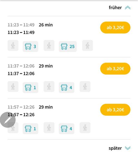 Screenshot der angebotenen Busfahrten für den 15 Minuten Trip zum Baumarkt :
1. 26 Minuten, 2 Busse, plus Fußweg 
2 und 3. 29 Minuten, 2 Busse plus längerer Fußweg. 
Alles ab 3,20 €.