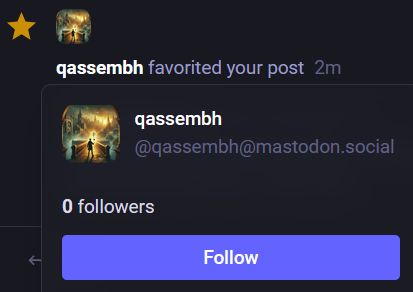 Screenshot of my notifications page with an account called qassembh. It says "qassembh favorited your post". The PFP is a silhouette on top of an AI-generated bridge and an environment with generic visuals and muddy colors.