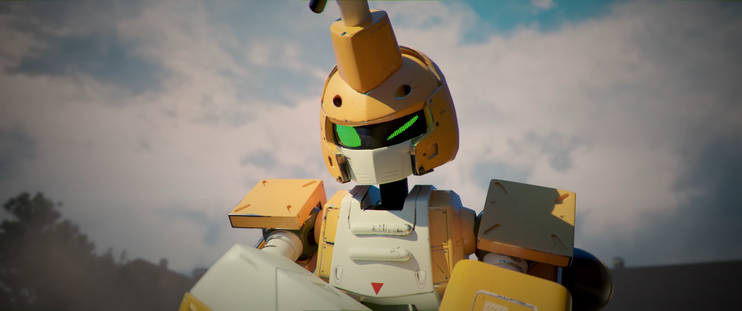 A imagem mostra, Metabee de Medabots, um robô, possivelmente um personagem de videogame ou anime, com um design estilizado e cores predominantemente amarelas e brancas. A cabeça do robô é em forma de capacete, com uma viseira verde que parece ter luzes ou um visor digital. O corpo é robusto, com formas geométricas e detalhes que sugerem armadura ou placas de metal. O robô parece estar segurando algo branco e indefinido em suas mãos. O fundo é desfocado, mostrando um céu nublado e um ambiente exterior pouco definido, o que concentra a atenção no robô. O estilo visual é moderno, com texturas e iluminação que dão uma aparência tridimensional e realista ao robô.