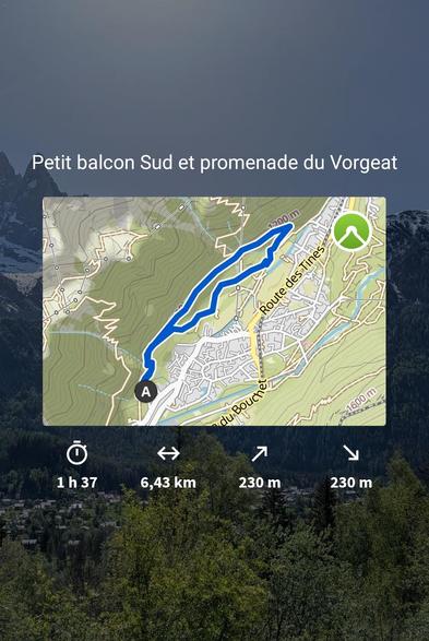 Résumé Komoot de la randonnée "Petit balcon Sud et promenade du Vorgeat", durée 1h37, distance 6.43km, dénivelé 230m