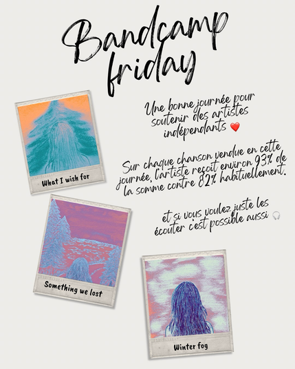 Affiche pour le bandcamp Friday avec les 3 visuels des singles de Lena Redwood disponibles sur bandcamp 