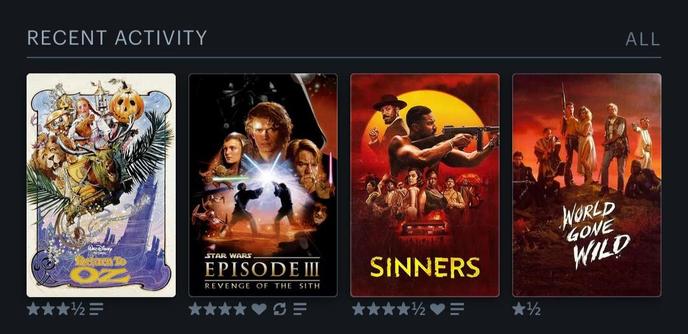 4 Filmplakate

- Return to OZ (1985) "Oz eine fantastischen Welt"

- #StarWars Episode III Revenge of the Sith (2005) "Rache der Sith"

- Sinners (2025) "Blood and Sinners"

- World Gone Wild (1987) "Lost World - Die letzte Kolonie"