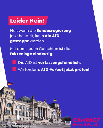 Blaue Hintergrundgrafik mit dem Titel: „Leider Nein!“ Darunter Text: „Nur wenn die Bundesregierung jetzt handelt, kann die AfD gestoppt werden. Mit dem neuen Gutachten ist die Faktenlage eindeutig:“
Zwei hervorgehobene Punkte: „Die AfD ist verfassungsfeindlich.“ und „Wir fordern: AfD-Verbot jetzt prüfen!“ Unten ist ein Bild des Bundestagsgebäudes mit mehreren wehenden Deutschlandflaggen. In der rechten Ecke steht das Logo von Campact mit dem Slogan „Bewegt Politik“.
