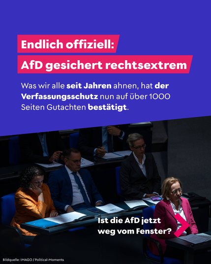 Blaue Hintergrundgrafik mit dem zentralen Text: „Endlich offiziell: AfD gesichert rechtsextrem“. Darunter steht: „Was Millionen seit Jahren wissen, hat der Verfassungsschutz nun auf über 1000 Seiten Gutachten bestätigt.“ Unten rechts ein Foto aus dem Bundestag: AfD-Abgeordnete sitzen ernst und nachdenklich an ihren Plätzen. Darunter die Frage: „Ist die AfD jetzt weg vom Fenster?“