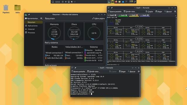  Imagen de una captura de pantalla de un escritorio de computadora mostrando un monitor de sistema con información sobre memoria, disco, CPU, redes y sistema operativo openSUSE Leap 16.0. También se muestra un pronóstico del tiempo y una ventana de terminal con información detallada del sistema.