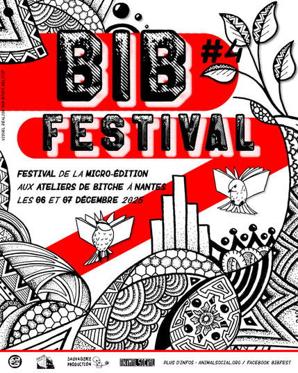 Titre Festival BiB#4, festival de micro-editions, art papier. Oiseaux mignons avec des livres ouverts à la place des ailes qui volent dans un décor d'arabesques psyché, tribal.