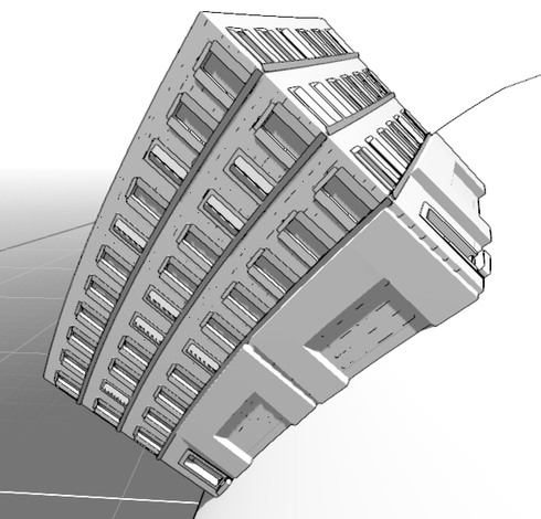 Curved building in black and white, with windows and shops.