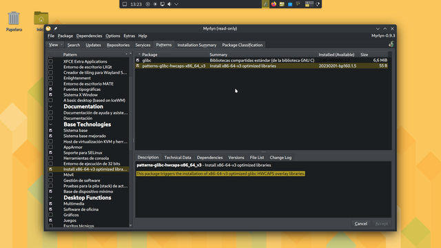 Captura de pantalla de la interfaz de gestión de paquetes Myrlyn. Muestra una lista de categorías de software (Aplicaciones, Entornos de escritorio, etc.), y una ventana de detalles para el paquete "patterns-glibc-hwcaps-x86_64_v3", que instala bibliotecas optimizadas de glibc para arquitecturas x86-64.