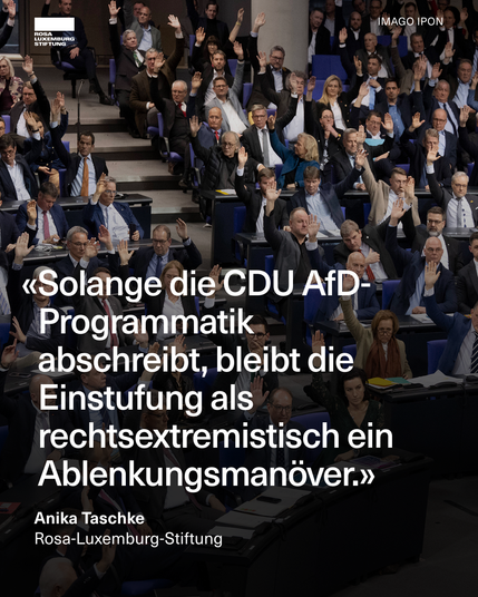 Abstimmung im Deutschen Bundestag: Abgeordnete der CDU/CSU- sowie AfD-Fraktion sitzen im Plenarsaal und haben überwiegend die rechte Hand gehoben, um ihre Zustimmung zu signalisieren. Das Bild zeigt eine Momentaufnahme der namentlichen Abstimmung über das sogenannte „Zustrombegrenzungsgesetz“. Im Vordergrund ist ein Zitat eingeblendet:
„Solange die CDU AfD-Programmatik abschreibt, bleibt die Einstufung als rechtsextremistisch ein Ablenkungsmanöver“ – Anika Taschke, Rosa-Luxemburg-Stiftung.
Oben links ist das Logo der Rosa-Luxemburg-Stiftung zu sehen, oben rechts die Bildquelle „IMAGO | IPON“.