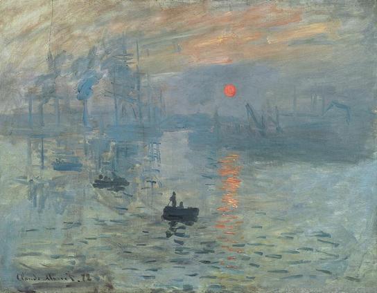 Painting of a harbour, some fishing boats in the middle ground, smoking chimneys and industrial structures in the background. The painting is grey-blue, the sun is rising. By Claude Monet, Sunrise, Impression, 1872