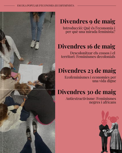 Divendres 9 de maig: Introducció: Què és l’economia i per què una mirada feminista?
Divendres 16 de maig: Descolonitzar els cossos i el territori: Feminismes decolonials
Divendres 23 de maig: Ecofeminismes i economies per una vida digne
Divendres 30 de maig: Antiextractivisme: Feminismes negres i africans