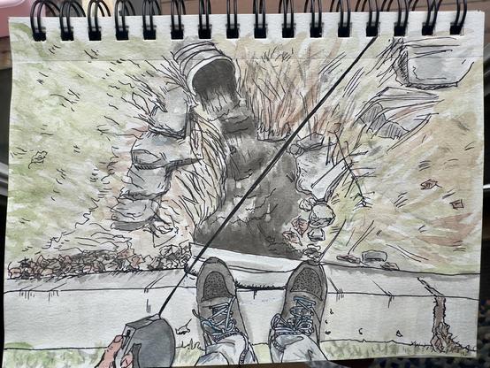 pen and ink watercolor drawing sketch of looking down at my feet above a short culvert where water is flowing from a small stream into, i’m holding a dog leash