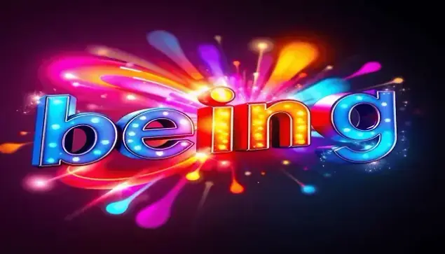 Abstract colorful "be in g" text with bold typography, glowing lights, and dynamic shapes symbolizing creativity and inspiration in a realistic style.
