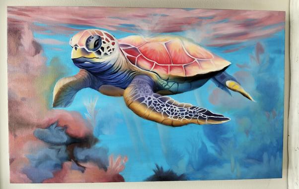 a painting of a sea turtle swimming in light blue -green waters , seen from the front in a three quarter view