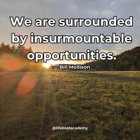 A social post from @lifeboatacademy which says: We are surrounded by insurmountable opportunities. - Bill Mollison