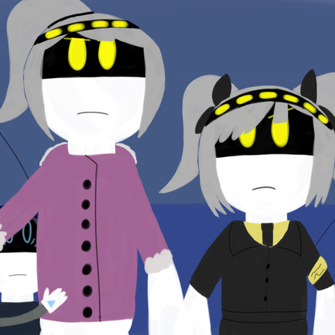 Drawing of D and J looking angrily at each other while D is protecting Minerva who is hiding behind D and is terrified