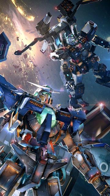 a digital illustration of two large gundams floating in space, their lights shining, one closer in the foreground, the other behind, light coming from behind them 