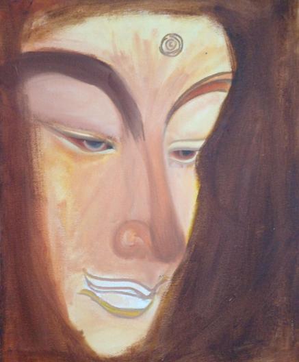 a painting of the buddha's face emerging from a tree-like envelopment, a relaxed look on his face, seen from the front in a three quarter view , done in earth tones 