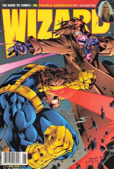 a cover of the magazine, the title in large bright yellow curved letters behind the illustration, it is gambit and cyclops, gambit throwing cards and cyclops using his optic lasts 