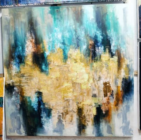 an abstract painting, it is a large section of thrashy gold in the center, aqua and black and rust tones behind it, against a silver-grey background 