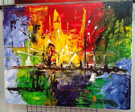a painting of an abstract street scene, colors exploding everywhere violently