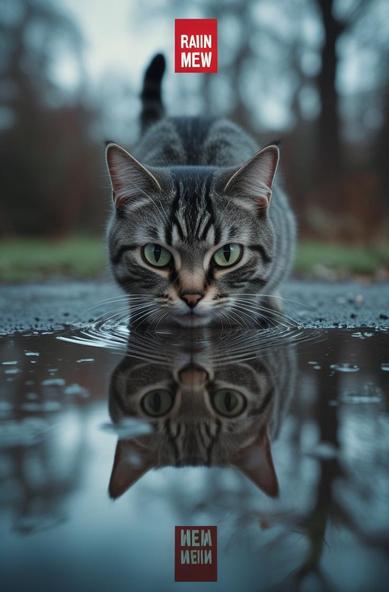 ①« Generated by LeonardoDiffusion »
(Rain Mew movie poster, with the "Rain Mew" logo at the top center) Close-up (photo of cat and puddle), gray striped cat peering into puddle. The puddle reflects the gray striped cat peering in. The cat takes a threatening step toward the cat in the puddle.
#本日の成果物 #aiartcommunity 